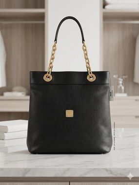 Classic MCM Black Leather Tote with Gold Chain Handles